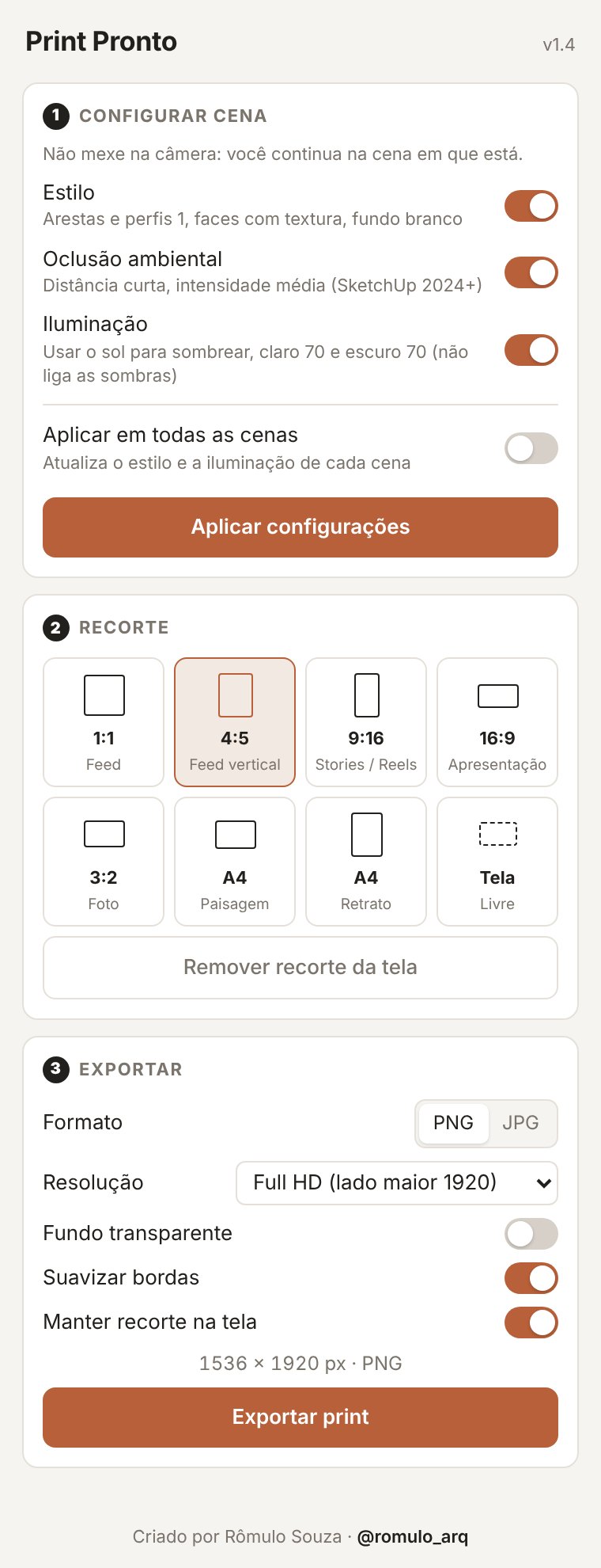 Painel do Print Pronto com as seções Configurar cena, Recorte e Exportar